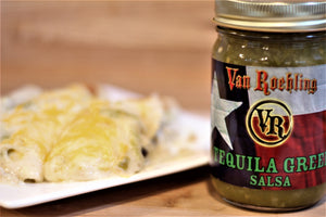 Van Roehling Tequila Green Salsa - a hot, jalapeno salsa with a splash of tequila - the perfect salsa for a layered bean dip or chicken enchiladas